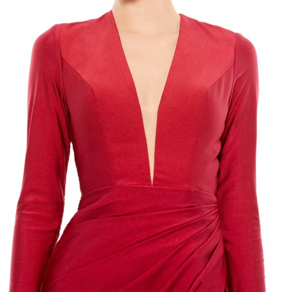 MAC DUGGAL 26250 PLUNGE ILLUSIONS NECKLONG SLEEVE BURGUNDY GOWN sz 14 - Picture 3 of 6